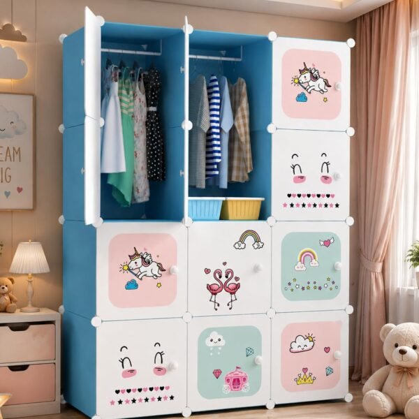 Mevigo Foldable Plastic Wardrobe for Clothes – 12- Door Baby Cupboard for Clothes Storage, Wardrobe for Kids, Plastic Almirah, Collapsible Wardrobe for Kids Livingroom & Home (Blue-KTK2, 12- Door)
