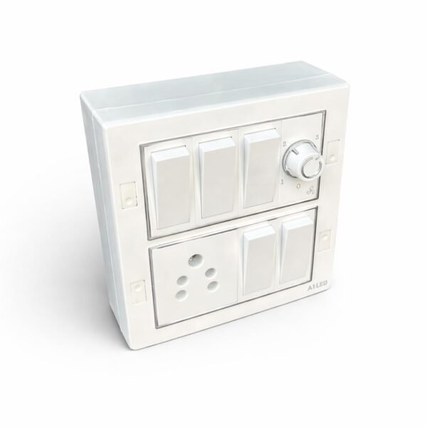 A1 LED 8-Way Square Modular Switch Board with 5 x 10A Switches, 1 x 6A Universal Socket & 1 Fan Regulator | Wall Mount Electrical Panel | White Finish for Home & Office Use
