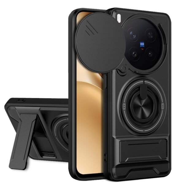 AESTMO Vivo X300 Pro 5G Back Cover | Armor Camera Slider 360 Degree Rotating Finger Ring Holder Case with Bracket Stand Back Case Cover (Compatible with MagSafe Wireless Charging) (Black)