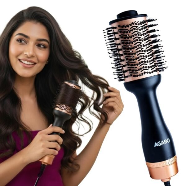 AGARO Hot Air Brush for Hair, Blow Dryer Brush, Volumizer & Styler, 360° Air flow Vent, Oval Barrel for Hair Volume, Charcoal Bristles, Ceramic Coating Brushing Head, 1200W, Gold & Black HV2179