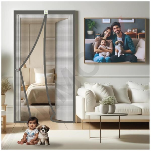 ARMORX High Tensile Polyester Magnetic Door Mosquito Net, Self Closing Magnets with Buckle Strap, Protection from Insects, Pets & Kids Friendly | Grey -195cm x 110cm