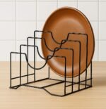 Adjustable Pan & Pot Lid Holder Rack – Iron Multi-Functional Countertop Organizer with 4 Slots, Tiered Kitchen Storage Stand (Medium, 9 x 7 x 8.5 in)