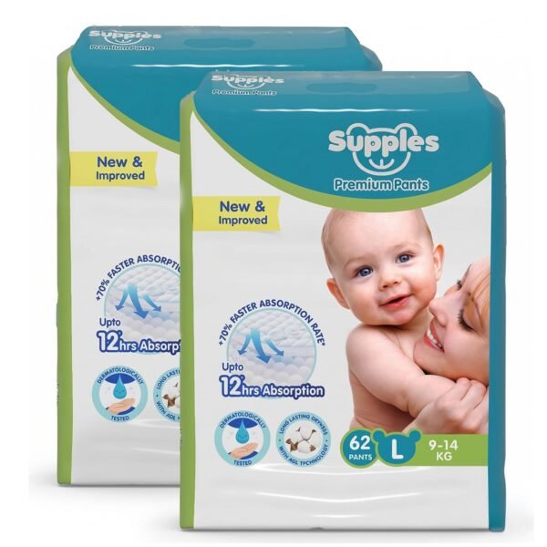Amazon Brand - Supples Premium Baby Diaper Pants | 124 Baby Diapers | Large | 9-14 Kg | 12 Hrs Absorption | Cushiony Cotton Soft Fabric | Phthalates-Free | Triple Leak Guard | 62 Count, Pack of 2