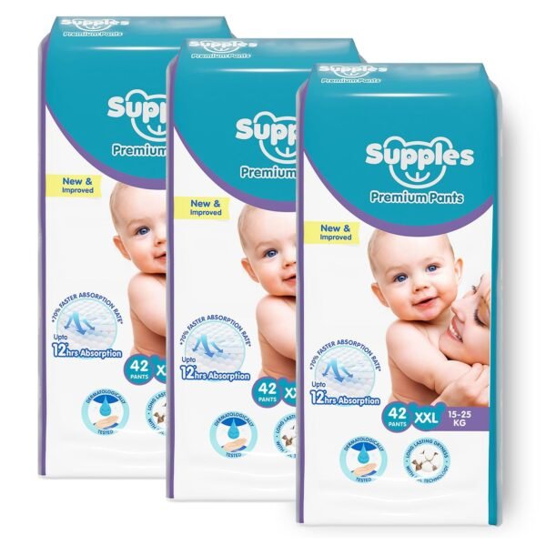 Amazon Brand - Supples Premium Baby Diaper Pants | 84 Baby Diapers | XXL | 15-25 Kg | 42 x 3 Packs | 12 Hrs Absorption | Cushiony Cotton Soft Fabric | Phthalates-Free | Triple Leak Guard