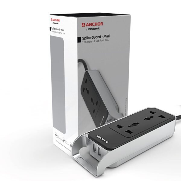 Anchor by Panasonic 6A Extension Board with Handle, 2 Sockets + USB 2.4A, 1.5m Cable (Black and Silver, 240 volts) (22074)