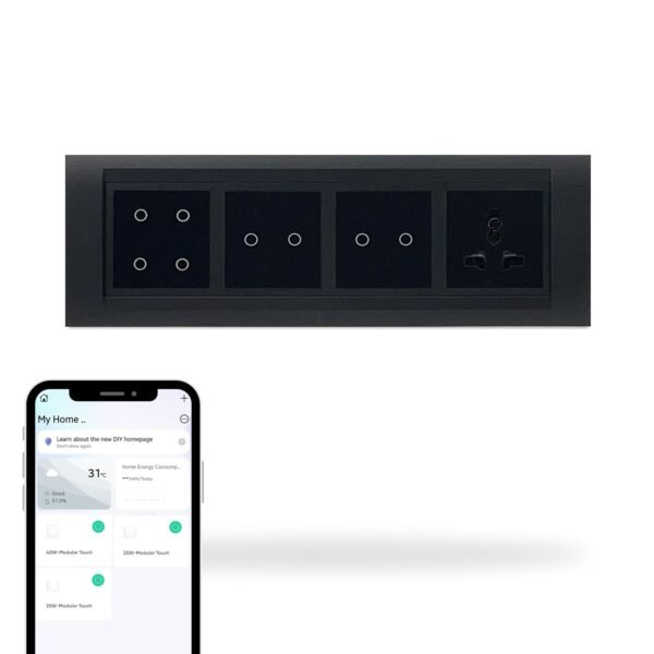Aziot 8 Module Switch Board Plate | Smart 4 Touch, Two 2 Touch SW & 1 Socket | WiFi & BLE | Google, Alexa & Siri Control (Black)