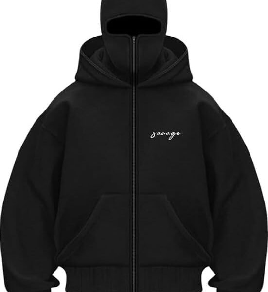 BE SAVAGE Balaclava Zipper Hoodie for Men Heavyweight Ninja Hoodies for Men