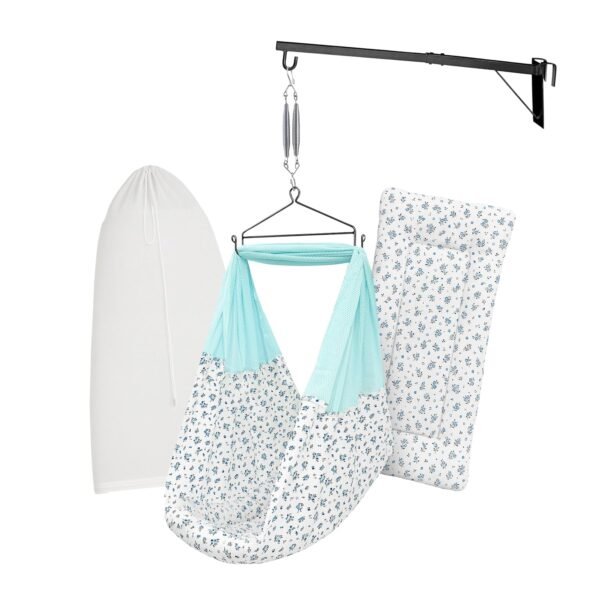 Baby Cradle Swing/Jhula (Thottil Cloth, Palna, Dolna) Set | Hanging Cradle with Padded Bed, Mosquito Net, Spring, Triangle & Window Hanger | FS-Emily Blue