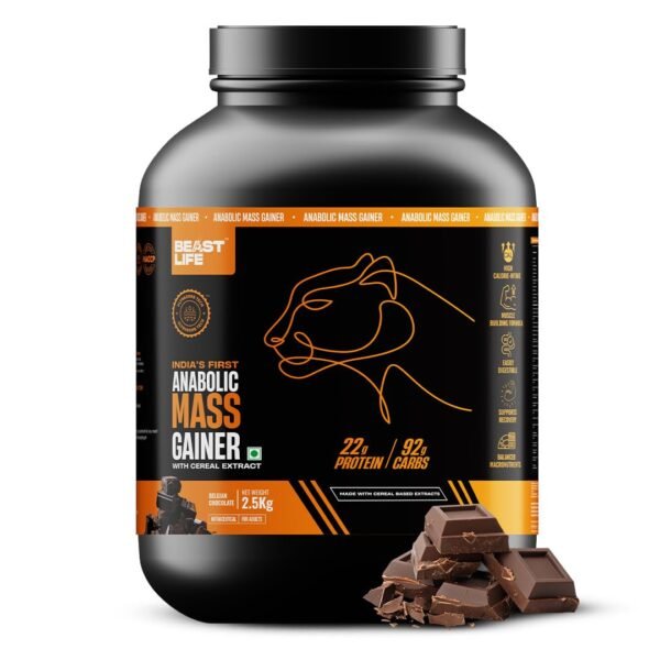 BeastLife High Protein Mass/Weight Gainer | 2.5 KG | Belgian Chocolate | NABL LAB Tested | For Muscle Gain & Fast Growth | Cereal-Based Formula, No Maltodextrin | India's #1 Cereal Based Bulk Gainer