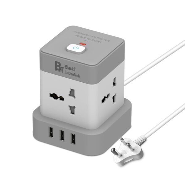 Blackt Electrotech BTPSC Power Cube with 4 Outlets, 3 USB-A Ports – Compact Extension Cord (Overload Protection)