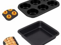 Casa Azul 2-PCS Non-Stick Baking Tray Set | 6-Cup Muffin Tray & 9" Square Cake Tins for Baking - BPA Free Heavy-Duty Carbon Steel Cake Pan, Microwave & OTG Oven Safe Cake Mould for Baking