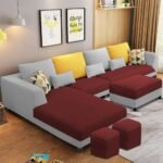 Casaliving Minta LHS 8 Seater L Shape Sofa Set with Center Table for Living Room (Maroon Grey Fabric) Premium Fabric Sofa