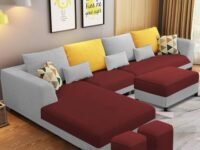 Casaliving Minta LHS 8 Seater L Shape Sofa Set with Center Table for Living Room (Maroon Grey Fabric) Premium Fabric Sofa