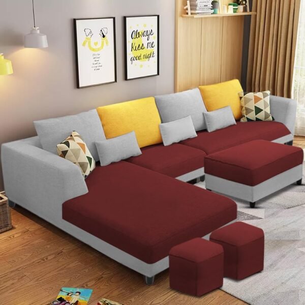Casaliving Minta LHS 8 Seater L Shape Sofa Set with Center Table for Living Room (Maroon Grey Fabric) Premium Fabric Sofa
