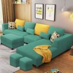 Casaliving Minta RHS 8 Seater L Shape Sofa Set with Ottoman & 2 Puffy for Living Room (Turquise Fabric), Blue
