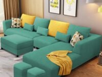 Casaliving Minta RHS 8 Seater L Shape Sofa Set with Ottoman & 2 Puffy for Living Room (Turquise Fabric), Blue