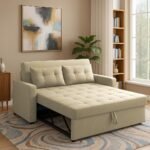 Casaliving Treshta 2 Seater Pull-Out Premium Fabric Sofa Cum Bed Sofa Set for Living Room (Cream Fabric Color) Premium Fabric Sofa Set