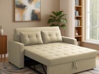 Casaliving Treshta 2 Seater Pull-Out Premium Fabric Sofa Cum Bed Sofa Set for Living Room (Cream Fabric Color) Premium Fabric Sofa Set