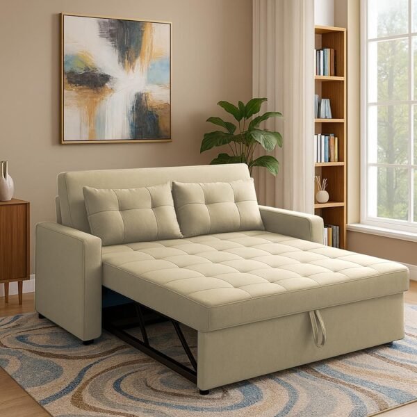 Casaliving Treshta 2 Seater Pull-Out Premium Fabric Sofa Cum Bed Sofa Set for Living Room (Cream Fabric Color) Premium Fabric Sofa Set