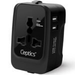 Ceptics Universal Charger Adapter, Travel Adapter International All in One, 2X 2.A USB-A with 15W Total Output, Use in 150 Countries, Type A, C, G, I Output with Universal Input - Black