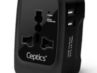 Ceptics Universal Charger Adapter, Travel Adapter International All in One, 2X 2.A USB-A with 15W Total Output, Use in 150 Countries, Type A, C, G, I Output with Universal Input - Black