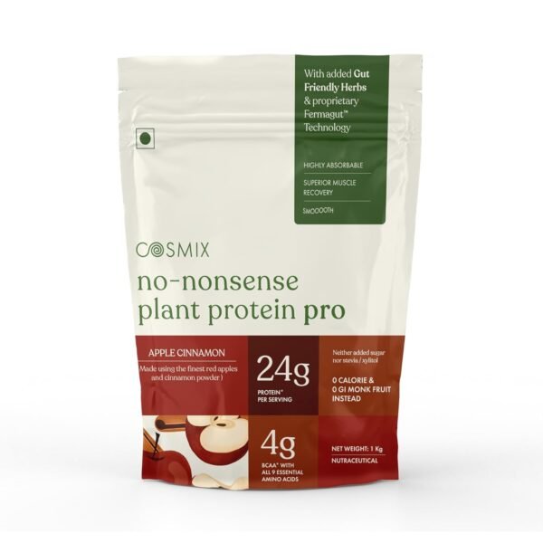 Cosmix No-Nonsense Plant Protein PRO 24g Protein | Yeast Protein & Pea Protein Blend | Apple Cinnamon, 1Kg Pouch x 1 | Clean, Easy to Digest