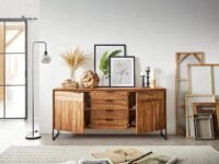 DEMIWALL Solid Sheesham Wood Sideboard & Cabinets | Wooden Side Board Media Console Tv Cabinet for Living Room | Free Standing Buffet Cabinet with 4 Drawers & 2 Door Cabinet Storage | Natural & Black