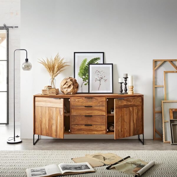 DEMIWALL Solid Sheesham Wood Sideboard & Cabinets | Wooden Side Board Media Console Tv Cabinet for Living Room | Free Standing Buffet Cabinet with 4 Drawers & 2 Door Cabinet Storage | Natural & Black