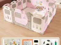 Dawnwake Assembly-Free 14 Panel Playard, Baby Playpen Fence with Crawling Mat and Football for Baby Upto 8 Years with Safety Locking Door & Drawing Board (150 x 150cm, Foldable) -Pink