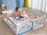 Dawnwake Large Playpen 150x180 cm for Baby up to 5 Years, Playard with Ocean Balls and 2 Grasp Rings, Kids Activity Center with Safety Lock & Suction Cup (No Mat/Cushion, Non-Foldable) - Grey