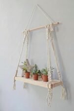 Decazone ® Macramé Wall Hanging Shelf Pine Wood Floating Shelve with Wooden Dowel Modern Chic Woven Décor for Dorm Living Room Nursery Beige Colour 55 x 43cm