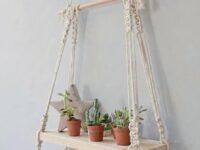 Decazone ® Macramé Wall Hanging Shelf Pine Wood Floating Shelve with Wooden Dowel Modern Chic Woven Décor for Dorm Living Room Nursery Beige Colour 55 x 43cm