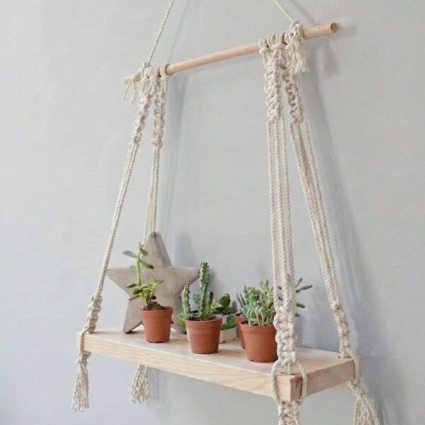 Decazone ® Macramé Wall Hanging Shelf Pine Wood Floating Shelve with Wooden Dowel Modern Chic Woven Décor for Dorm Living Room Nursery Beige Colour 55 x 43cm