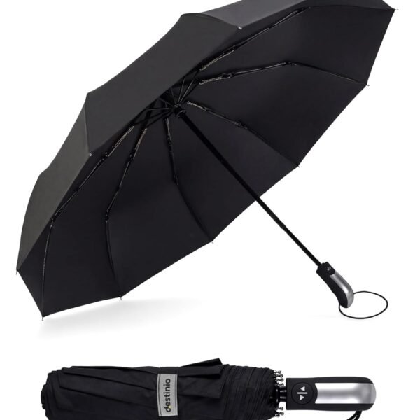 Destinio Umbrella for Man - Large Size, Fully Automatic, Windproof Fibreglass Ribs, UPF 50+ Sun Protection, Premium 210T Pongee, Foldable Travel Umbrella for Rain for Men and Women - 3 fold Compact Easy to Carry (Auto open auto close)