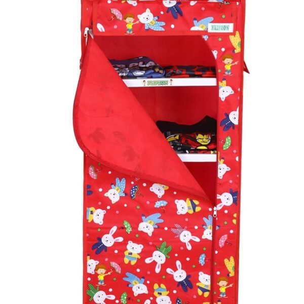 FLIPZON Baby Wardrobe Plastic Multipurpose 6 Shelve, Foldable, (Unbreakable Material) (Rabbit Pattern - Red)