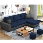 FURNY -Arvon 4 Seater Fabric RHS L Shape Sofa Set - Right Side Lounger (Blue-Dark Grey)