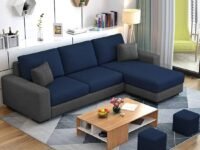 FURNY -Arvon 4 Seater Fabric RHS L Shape Sofa Set - Right Side Lounger (Blue-Dark Grey)