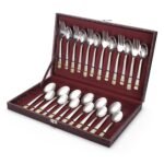 FnS RAGA 24 Pieces Stainless Steel Cutlery Set with Leatherette Box | 24 Karat Gold Plated | 6 Dinner Spoons, 6 Dinner Forks, 6 Tea Spoons & 6 Baby Spoons | Premium Flatware Set