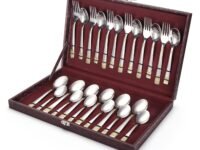 FnS RAGA 24 Pieces Stainless Steel Cutlery Set with Leatherette Box | 24 Karat Gold Plated | 6 Dinner Spoons, 6 Dinner Forks, 6 Tea Spoons & 6 Baby Spoons | Premium Flatware Set