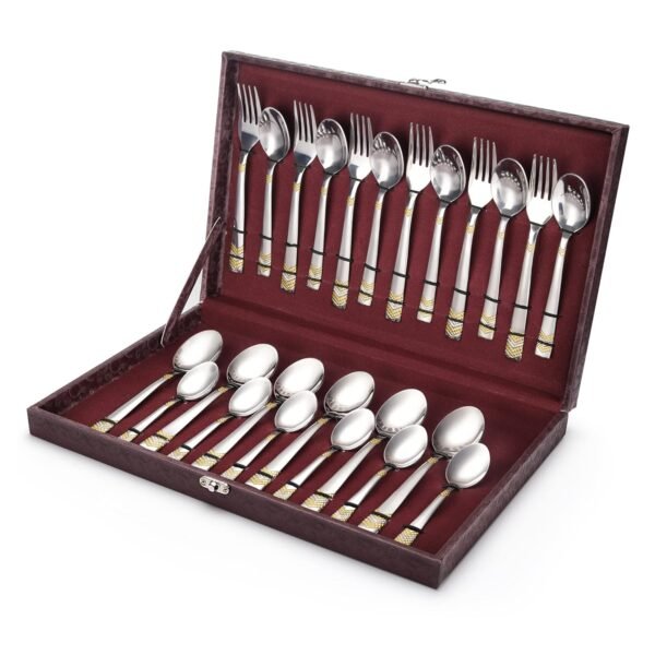 FnS RAGA 24 Pieces Stainless Steel Cutlery Set with Leatherette Box | 24 Karat Gold Plated | 6 Dinner Spoons, 6 Dinner Forks, 6 Tea Spoons & 6 Baby Spoons | Premium Flatware Set