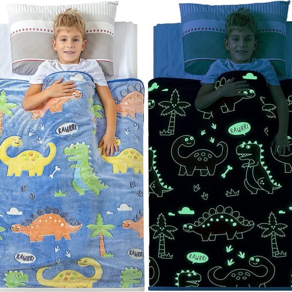 Glow in The Dark Blanket Gifts for Toddler Kids Teen Girls| 200cm x 150cm |Bedroom Décor, Lightweight Throw Blankets|Soft Cozy Fluffy Luminous Throw Blanket - Blue Dino - 2