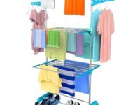 H Houseware 3-Tier Single Pole Cloth Drying Stand | Stainless Steel Laundry Rack with Wheels | Lightweight, Rustproof & Portable Clothes Dryer | 43.2D x 78.7W x 165H cm(Blue)
