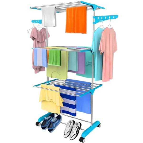 H Houseware 3-Tier Single Pole Cloth Drying Stand | Stainless Steel Laundry Rack with Wheels | Lightweight, Rustproof & Portable Clothes Dryer | 43.2D x 78.7W x 165H cm(Blue)