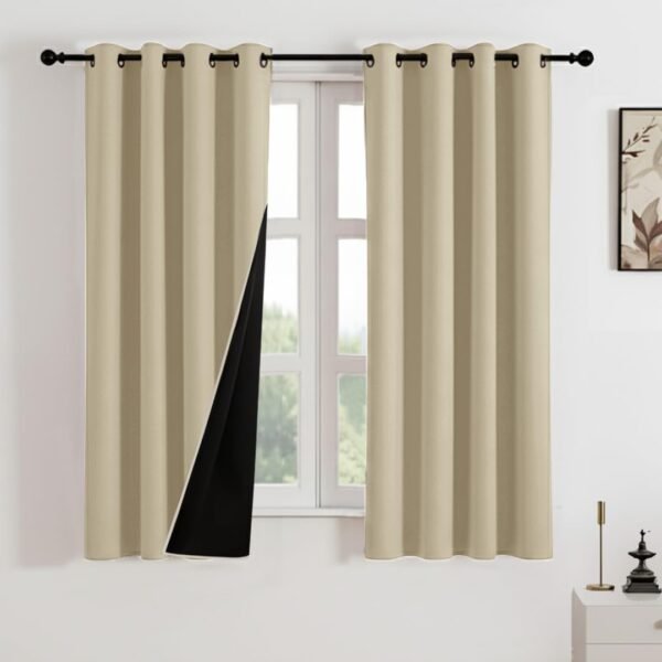 HOMEMONDE Window Curtains 5 Feet 1 Piece - Thermal Insulation 100% True Blackout Curtain, Fade Resistant & Black Backing Drapes - (60 Inch, Solid Beige)