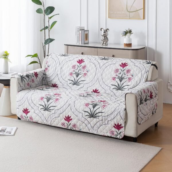 House of Quirk 'Mughal Series' Anti-Slip Sofa Cover Mat with Pocket | Polyester Couch Protector for Pets, Kids & Spills (Mughal Buta, 180x210cm, Four Seater)