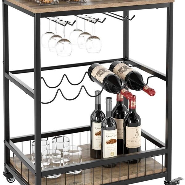 INDIAN DECOR. 45227 Bar Serving Cart Table Kitchen Wine Storage Cart with Wine Rack/Glass Holder, Serving Trolley with Lockable Wheels for Home/Pantry and Guest House, Black