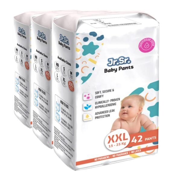Jr. Sr. Baby Diaper Pants | XXL Size (15-25 kg), 126 Count | Pack of 3 | Upto 12 hr Absorption with Advanced Leak Protection | Safe For Babies Skin | Soft, Secure & Comfy
