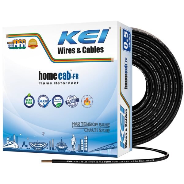 KEI WIRES & CABLES Homecab 0.5 sqmm 1 Core 99.97% Pure Copper Conductor Flame Retardant House Wire PVC Insulated Cable for Domestic & Industrial Electrical Wiring (Black, 90 Meters)