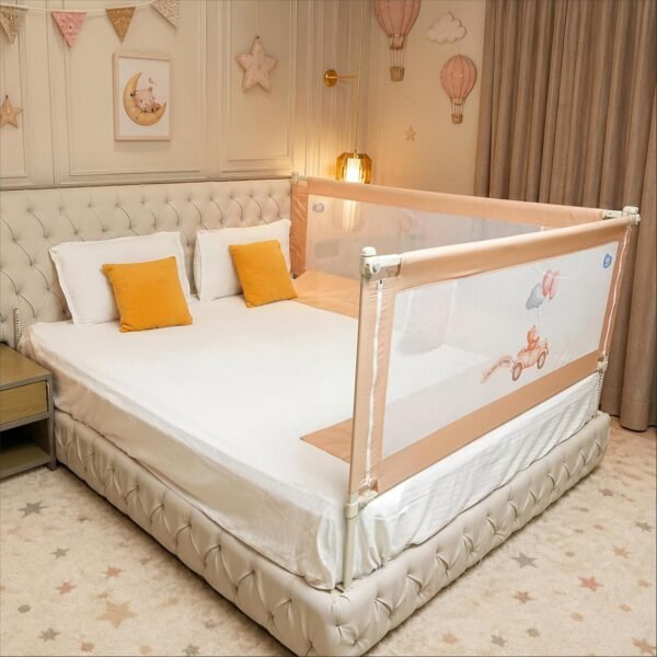 Kids Station 2 Side Premium Bed Rail Guard (6.3ft x 5ft / 190cm x 150cm), Bed Railing for Baby Safety, Kids Toddler Bed Protector Side Walls, Adjustable Height, Portable & Foldable (Beige)