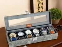 LEDO Luxury Watch Box Organizer Case with 6 Slots, PU Leather, Gray, Transparent Display, Soft Cushion Interior, Metal Clasp Lock, Perfect for Men and Women
